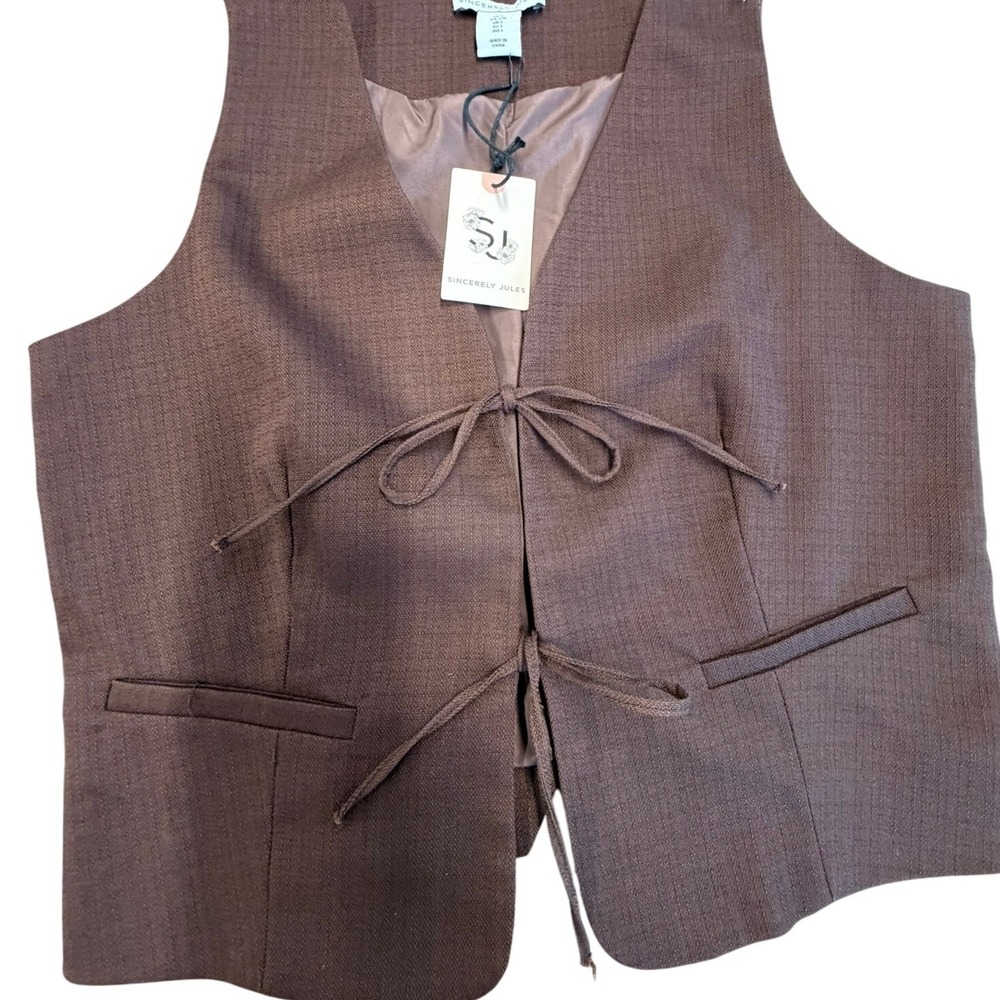 Sincerely Jules Womens Brown Tie Front Textured Tailored Vest Size Large NWT